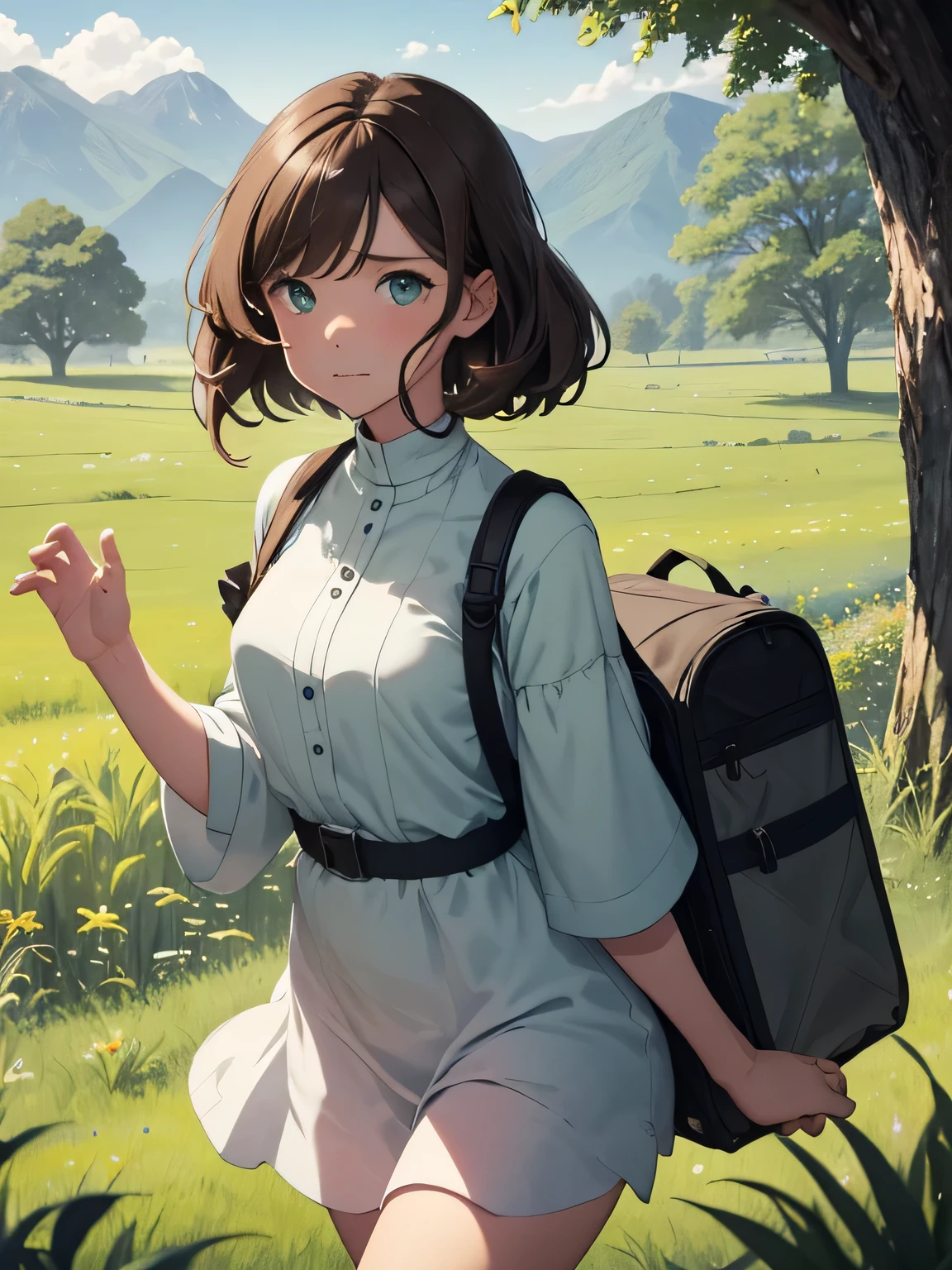 In a green meadow stands a girl with blue eyes and brown hair having a picnic.
RUPTURE Avec une expression courageuse, elle les guide vers leur destination.
POUR RUPTURE Derrière elle, a green forest'extends, and beyond that, les montagnes s'rise far away.
POUR RUPTURE L'effet le plus approprié pour cette scène serait une technique de peinture à l'aquarelle pour capturer la douceur de la prairie et la fluidité du mouvement..