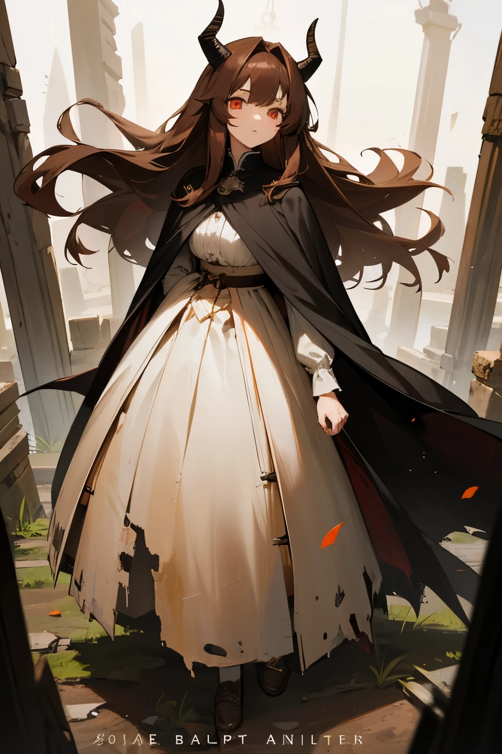 girl, 19 years old, tall, long brown hair, red eyes, black straight horns, white dress, black cape, old torn clothes, ancient ruin. guy, brown hair, amber eyes, tall, old tattered clothes, black cape, ancient ruins