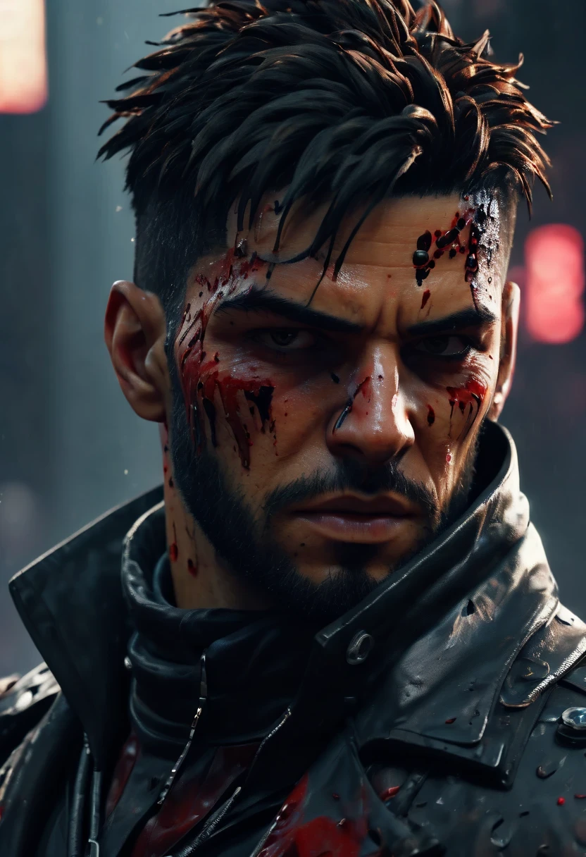 sh4g0d风格赛博朋克特工,(Strong dynamic stance:1.5),(struggle:1.3),(blood spatter),Strong,His face is very determined, 8k, super detailed, precise, best quality