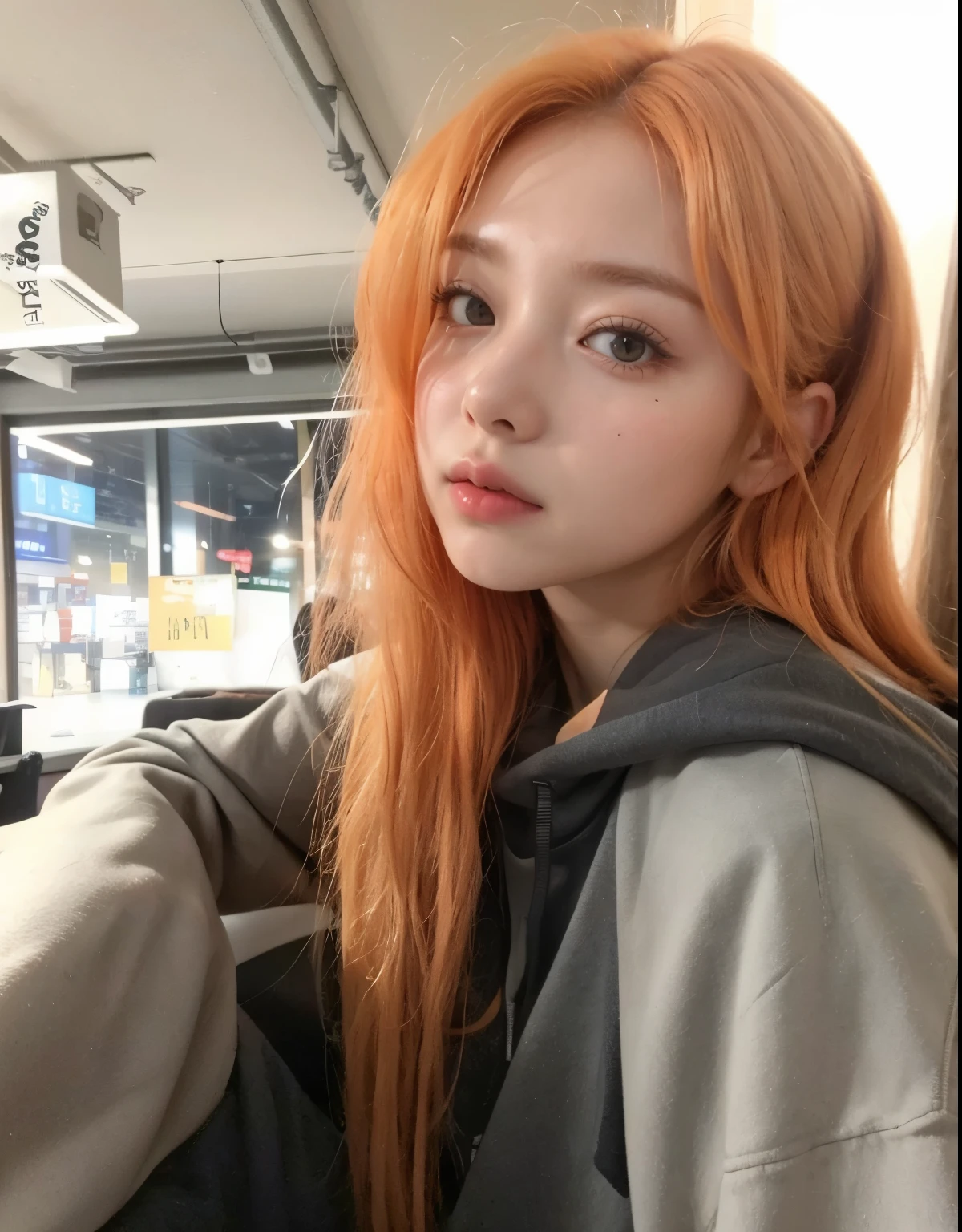 arafed woman with orange hair and a hoodie posing for a picture, ulzzang, she has long redorange hair, orange hair, she has long orange brown hair, orange glowing hair, korean girl, long orange hair, jossi of blackpink, roseanne park of blackpink, portrait of jossi of blackpink, girl cute-fine-face, yunjin lesserafim