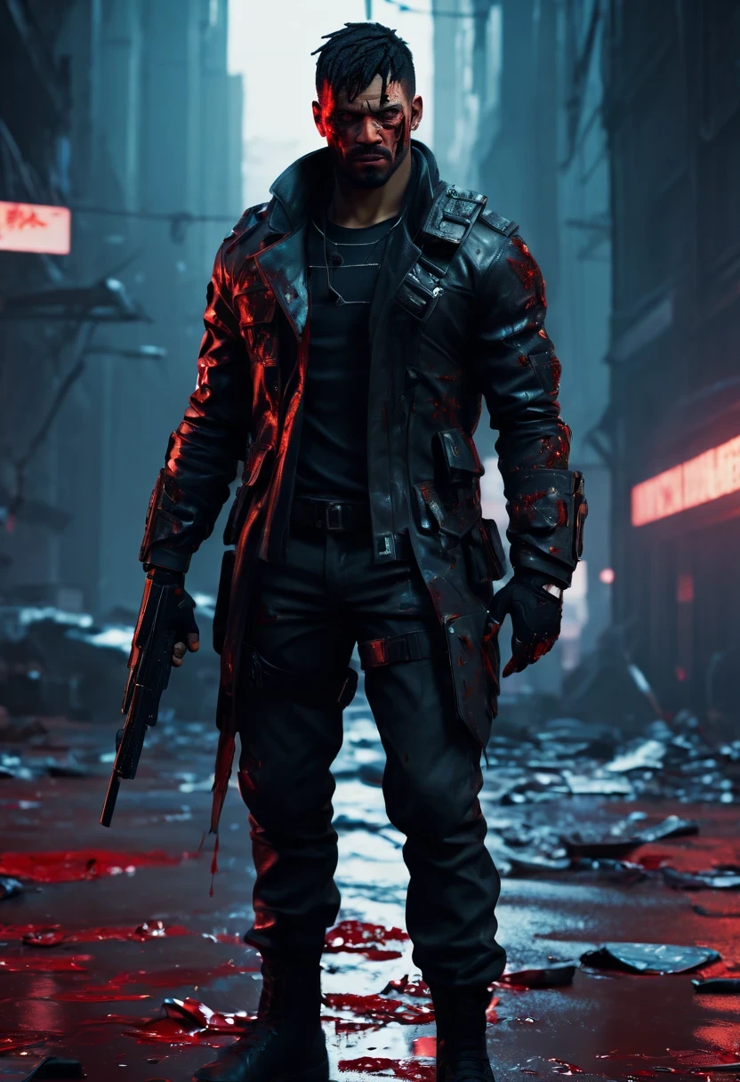 sh4g0d风格赛博朋克特工,(Strong dynamic stance:1.5),(struggle:1.3),(blood spatter),Strong,His face is very determined, 8k, super detailed, precise, best quality