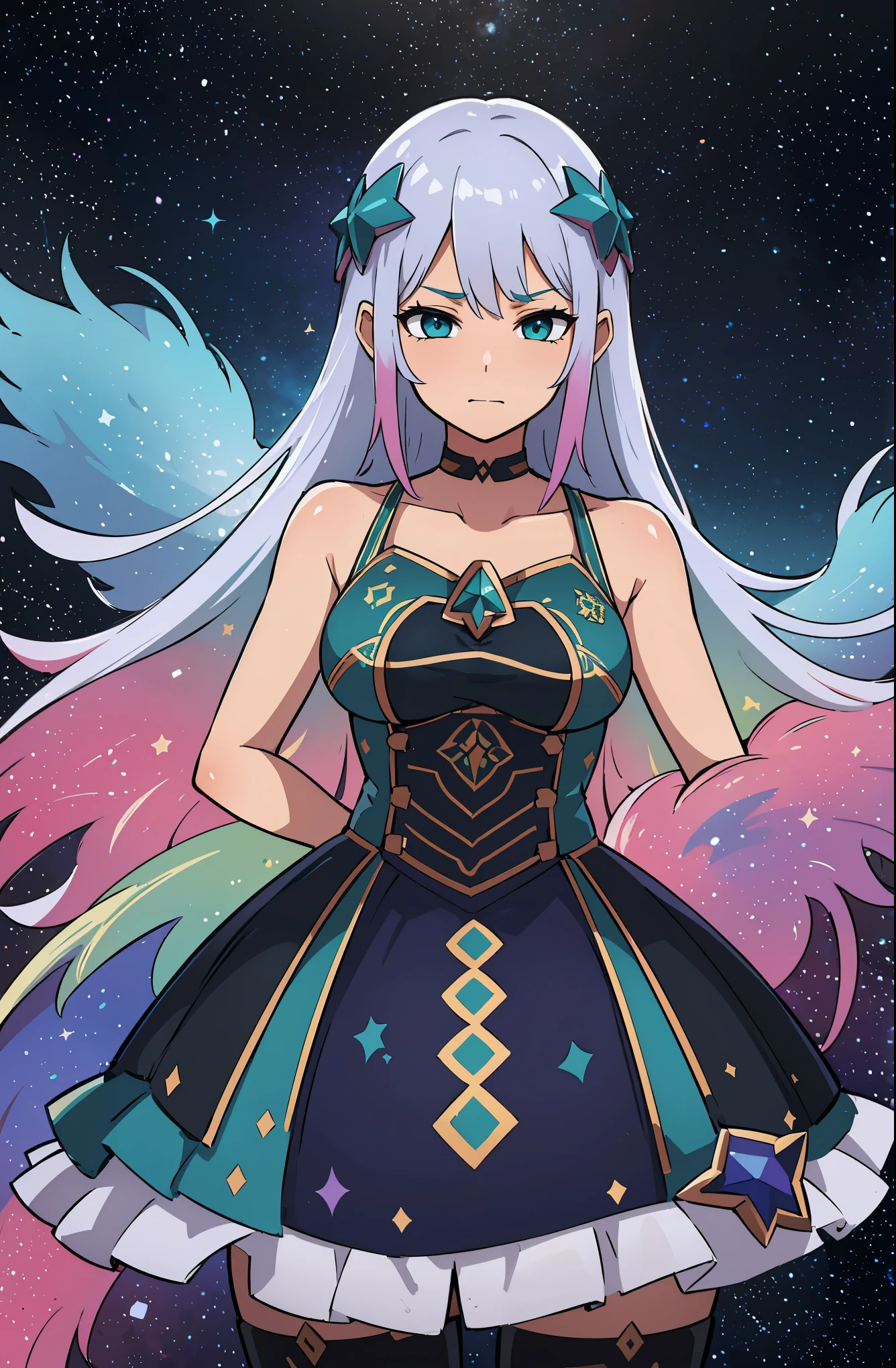 Women with rainbow hair and detailed teal dress armor., de pie, Rainbow colored cosmic nebula background, estrellas, galaxias, detalles intrincados, cara perfecta