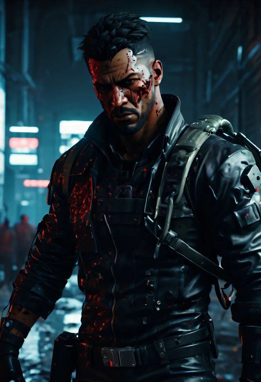 sh4g0d风格赛博朋克特工,(Strong dynamic stance:1.5),(struggle:1.3),(blood spatter),Strong,His face is very determined, 8k, super detailed, precise, best quality