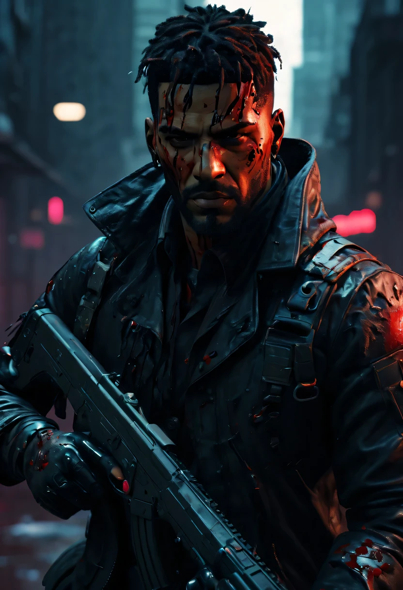 sh4g0d风格赛博朋克特工,(Strong dynamic stance:1.5),(struggle:1.3),(blood spatter),Strong,His face is very determined, 8k, super detailed, precise, best quality