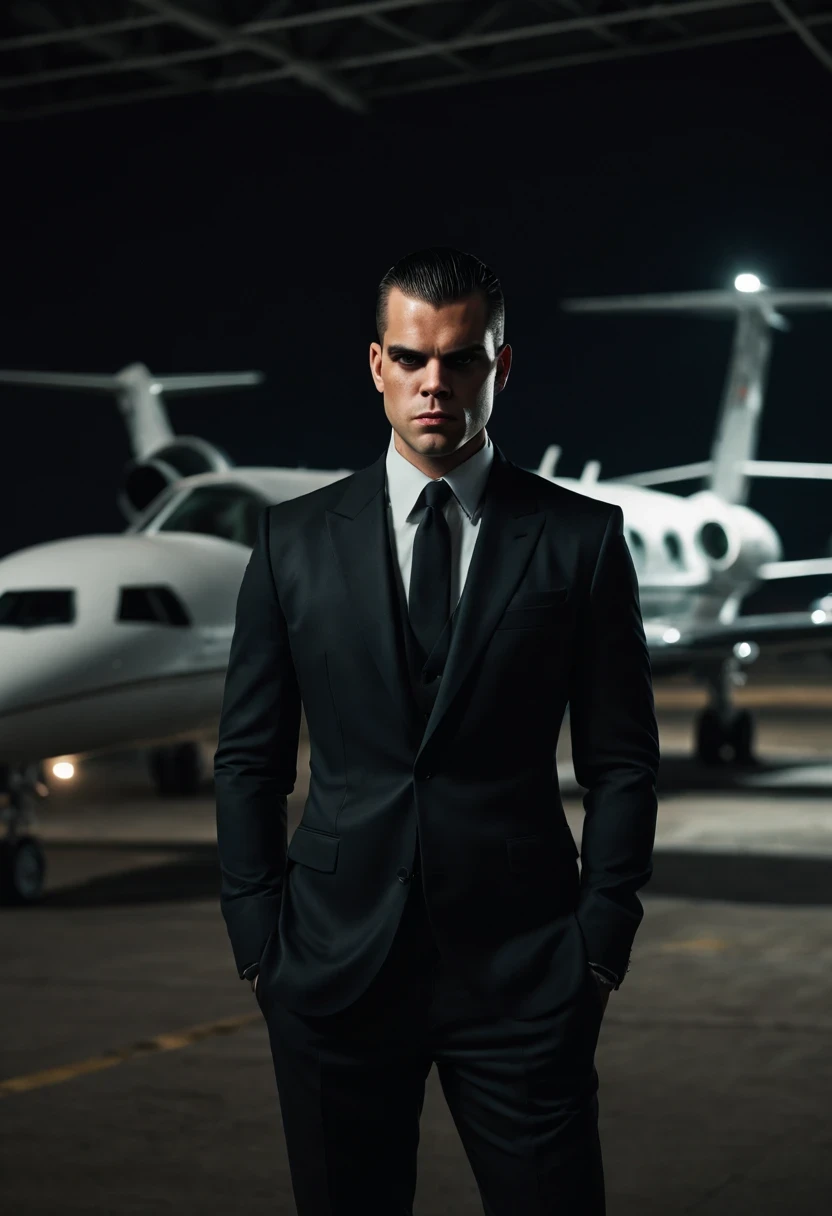 (Extremely detailed 8k wallpaper), dark theme, vampre the masquerade, proxy topic, modern horror, actual, 2020s, handsome man, wearing black suit, sharp focus, (subsurface scattering:1.1), Winning photo, Centered face, (Mark Salling's face), Full body image:1.1, very short black hair, black eyes:1.2, Serious, Scary expression, In the airport shed at night, Close to private jets, dramatic lighting