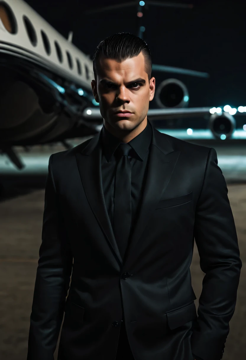 (Extremely detailed 8k wallpaper), dark theme, vampre the masquerade, proxy topic, modern horror, actual, 2020s, handsome man, wearing black suit, sharp focus, (subsurface scattering:1.1), Winning photo, Centered face, (Mark Salling&#39;s face), Full body image:1.1, very short black hair, black eyes:1.2, Serious, Scary expression, In the airport shed at night,  Close to private jets, dramatic lighting