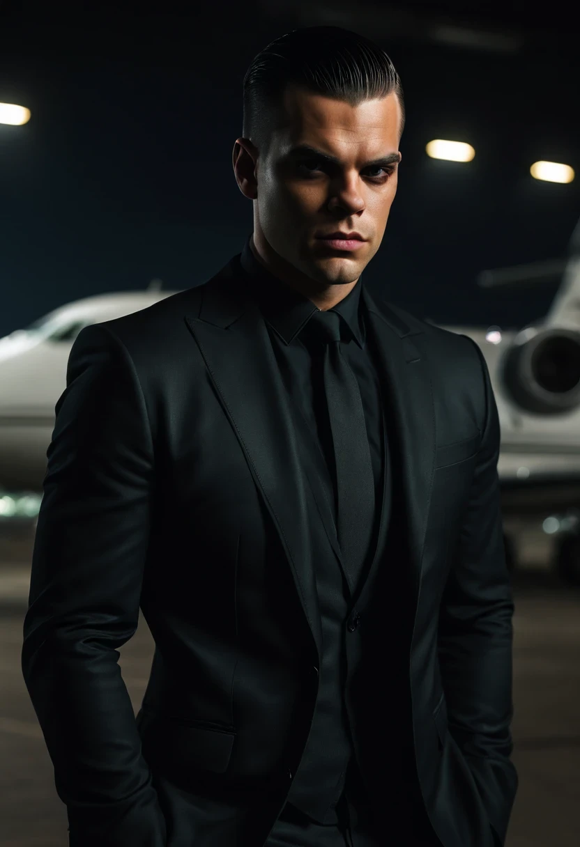 (Extremely detailed 8k wallpaper), dark theme, vampre the masquerade, proxy topic, modern horror, actual, 2020s, handsome man, wearing black suit, sharp focus, (subsurface scattering:1.1), Winning photo, Centered face, (Mark Salling&#39;s face), Full body image:1.1, very short black hair, black eyes:1.2, Serious, Scary expression, In the airport shed at night,  Close to private jets, dramatic lighting