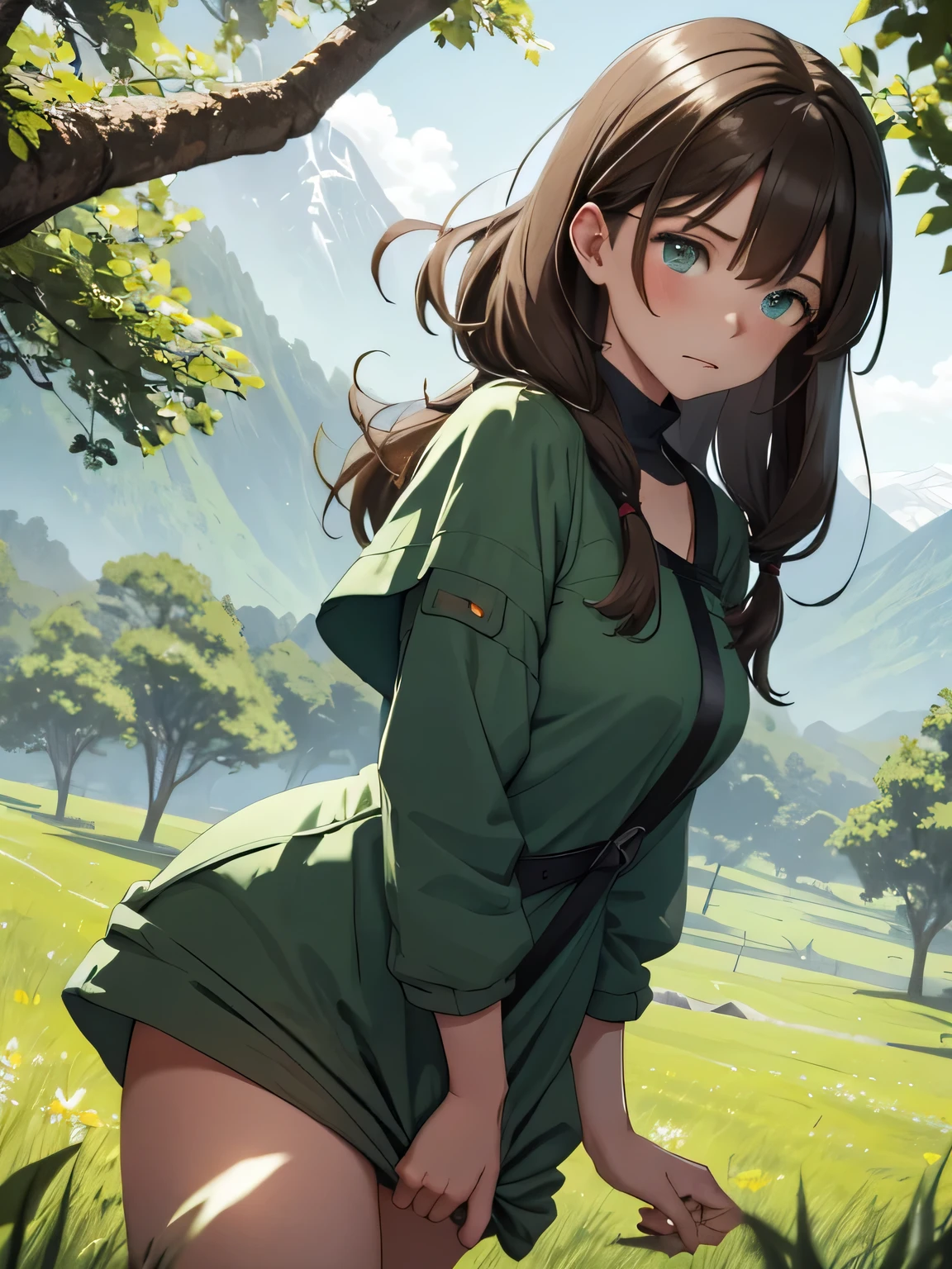 In a green meadow stands a girl with blue eyes and brown hair in a swimsuit having a picnic.
RUPTURE Avec une expression courageuse, elle les guide vers leur destination.
POUR RUPTURE Derrière elle, a green forest&#39;extends, and beyond that, les montagnes s&#39;rise far away.
POUR RUPTURE L&#39;effet le plus approprié pour cette scène serait une technique de peinture à l&#39;aquarelle pour capturer la douceur de la prairie et la fluidité du mouvement..

