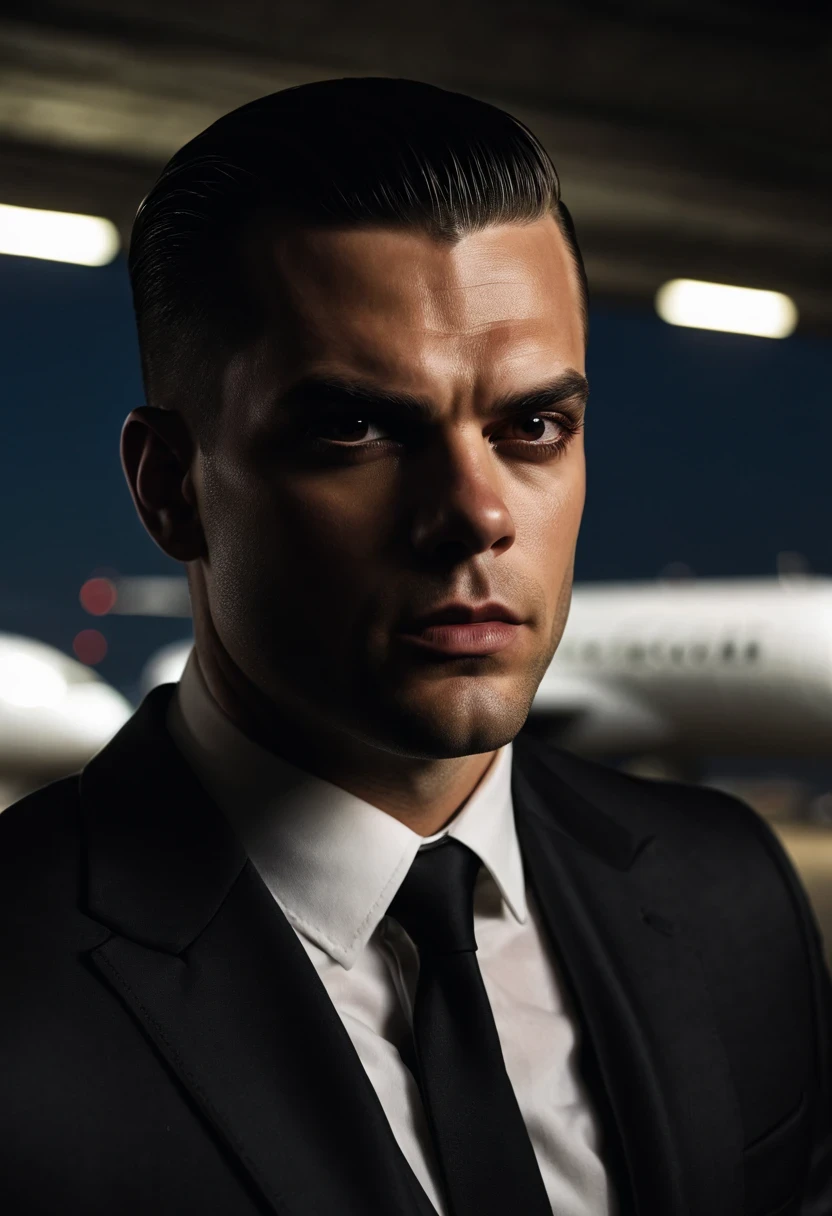 (Extremely detailed 8k wallpaper), dark theme, vampre the masquerade, Adult theme, modern horror, actual, 2020s, handsome man, wearing black suit, sharp focus, (subsurface scattering:1.1), Winning photo, Centered face, (Mark Salling&#39;s face), Full body image:1.1, very short black hair, black eyes:1.2, Serious, Scary expression, In the airport shed at night,  Close to private jets, dramatic lighting