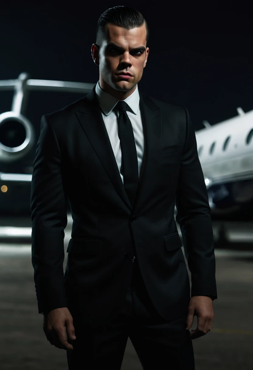 (Extremely detailed 8k wallpaper), dark theme, vampre the masquerade, Adult theme, modern horror, actual, 2020s, handsome man, wearing black suit, sharp focus, (subsurface scattering:1.1), Winning photo, Centered face, (Mark Salling&#39;s face), Full body image:1.1, very short black hair, black eyes:1.2, Serious, Scary expression, In the airport shed at night,  Close to private jets, dramatic lighting