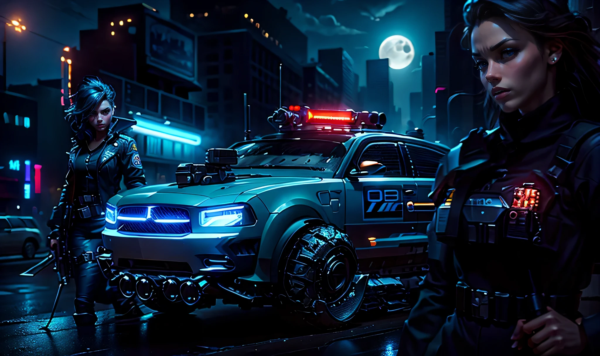 A Hover Police DODGE armed with missiles and machine guns in a dark alley on a night in the cyberpunk city of New York, a beautiful woman armed with a rifle on the left and a beautiful policewoman in a police uniform and looking at us, in the city sky there are clouds and a moon behind them with a tense climax