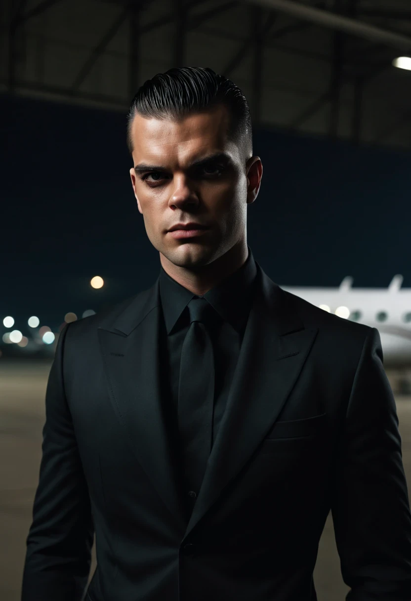 (Extremely detailed 8k wallpaper), dark theme, vampre the masquerade, Adult theme, modern horror, actual, 2020s, handsome man, wearing black suit, sharp focus, (subsurface scattering:1.1), Winning photo, Centered face, (Mark Salling&#39;s face), Full body image:1.1, very short black hair, black eyes:1.2, Serious, Scary expression, In the airport shed at night,  Close to private jets, dramatic lighting