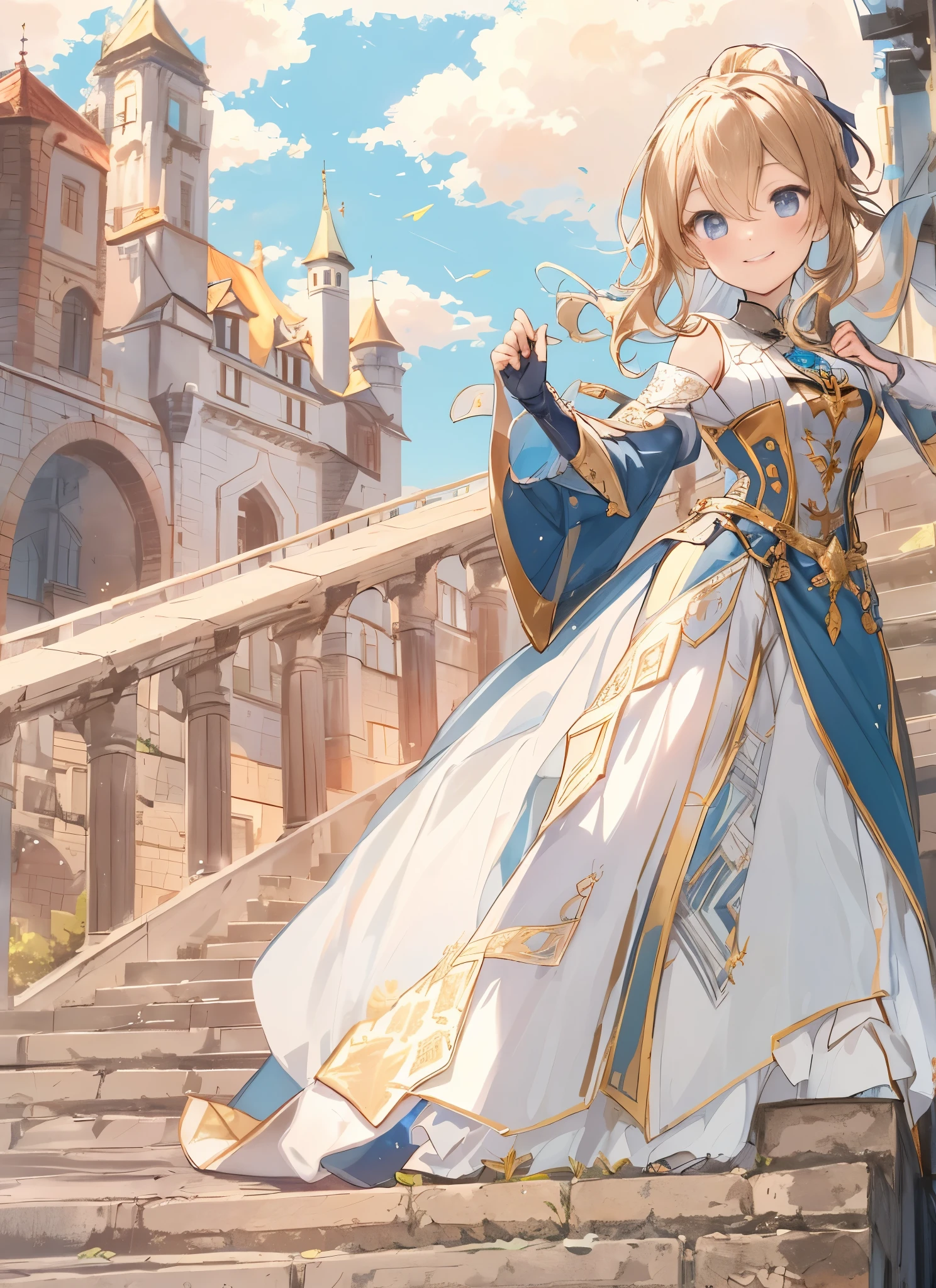Elegant anime female character, golden ponytail, Smile, blush, Medieval knight noble clothing, outdoor, daytime, simple background, blue Sky, Sky, medieval castle, looking at the audience, stairs, mountains, Lighting effects, Large aperture portrait, dynamic poses
