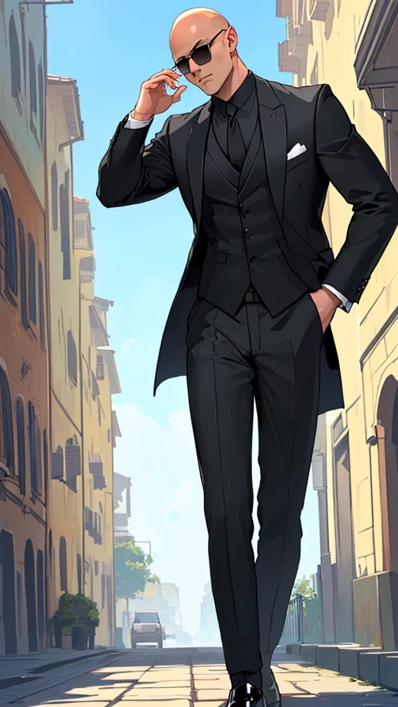 man,bald, big and sexy，Wear an elegant black suit，Wearing black sunglasses