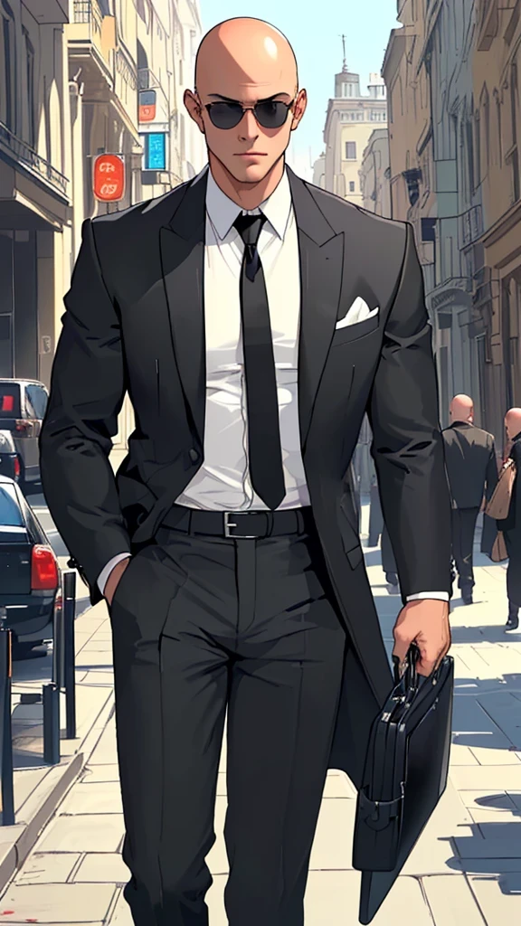 man,bald, big and sexy，Wear an elegant black suit，Wearing black sunglasses