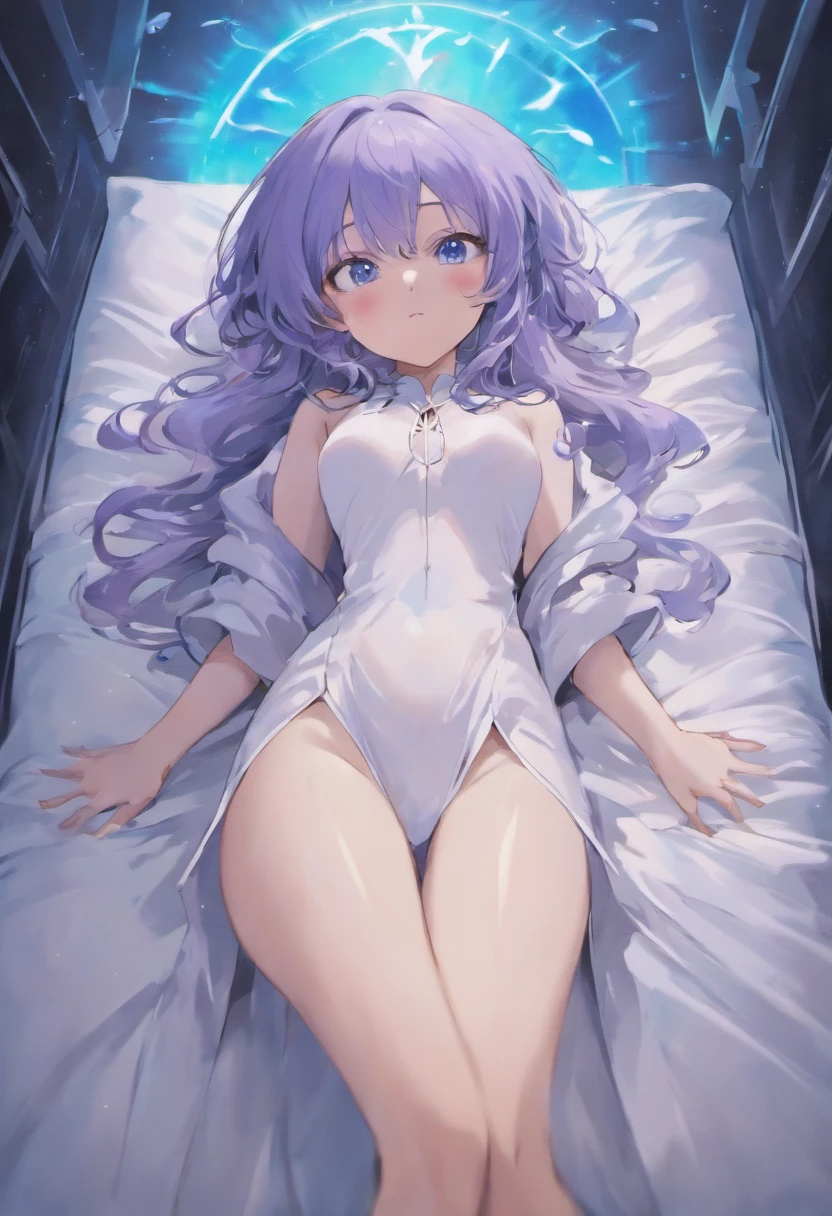 Wearing a white robe，Showing slender thighs and calves，The complexion is like snow，middle aged，long black hair，blue eyes，Lying in bed