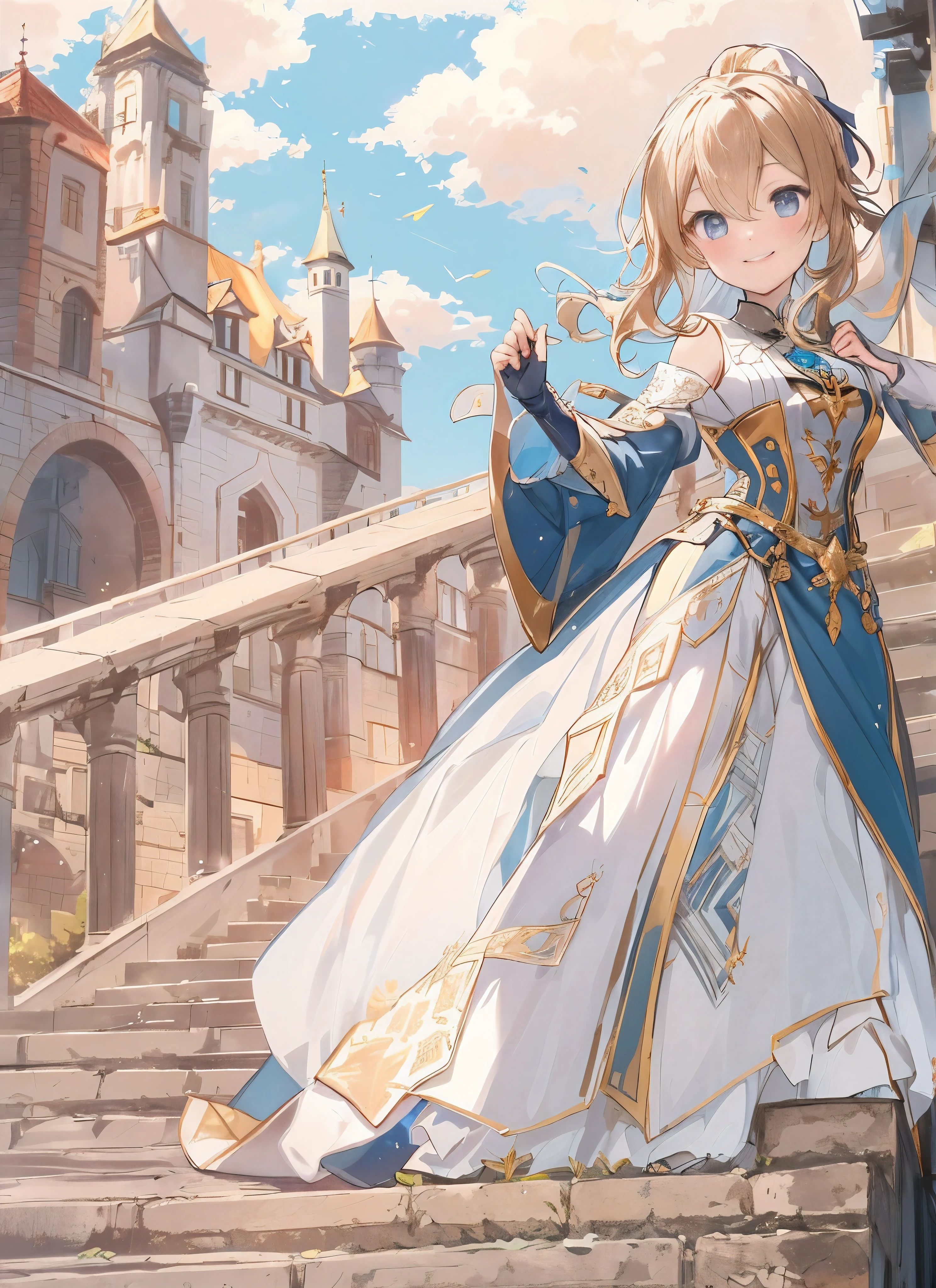 Elegant anime female character, golden ponytail, Smile, blush, Medieval knight noble clothing, outdoor, daytime, simple background, blue Sky, Sky, medieval castle, looking at the audience, stairs, mountains, Lighting effects, Large aperture portrait, dynamic poses