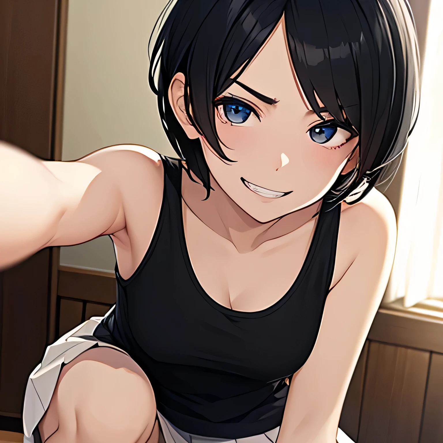 masterpiece,highest quality,Beautiful face and eyes in every detail,Grinning eyes, dissatisfied、small breasts:1.1,perfect body:1.3,From above,short hair,black hair,