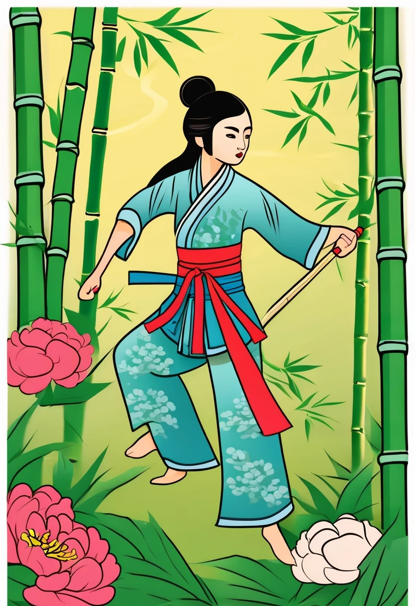 cute cartoon, Chinese martial arts, Vector illustration, 1 girl, bamboo forest, martial arts, energetic pose, Armed with a long sword, colorful clothing, traditional style, Featuring peonies and waves, bamboo forest environment is quiet and lush, high bamboo pole, Sunlight casts dappled sunlight through the leaves, A vacant lot, driving range, Vector martial arts illustration