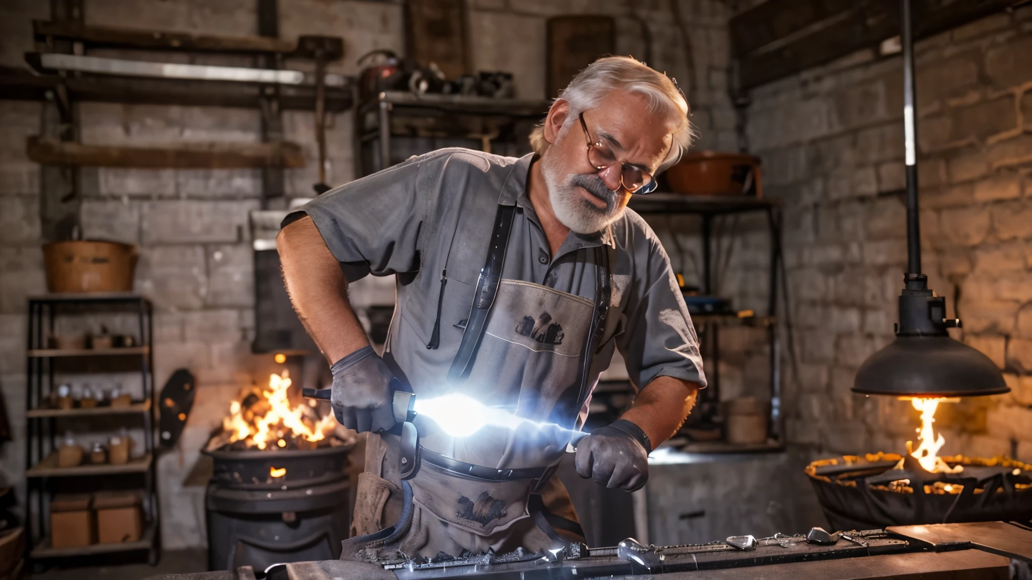 Old blacksmith man making an ax, in his workshop, forging furnace, Gray hair, 35mm photograph, film, bokeh, professional, 4k, highly detailed