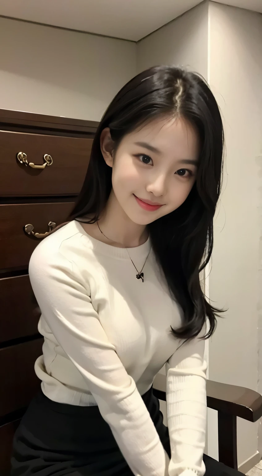 A Korean female college student in her early 20s, wearing only pantyhose on her lower body and full breasts on her upper body, is sitting in a cat pose, smiling slightly and looking straight ahead with her mouth slightly open.