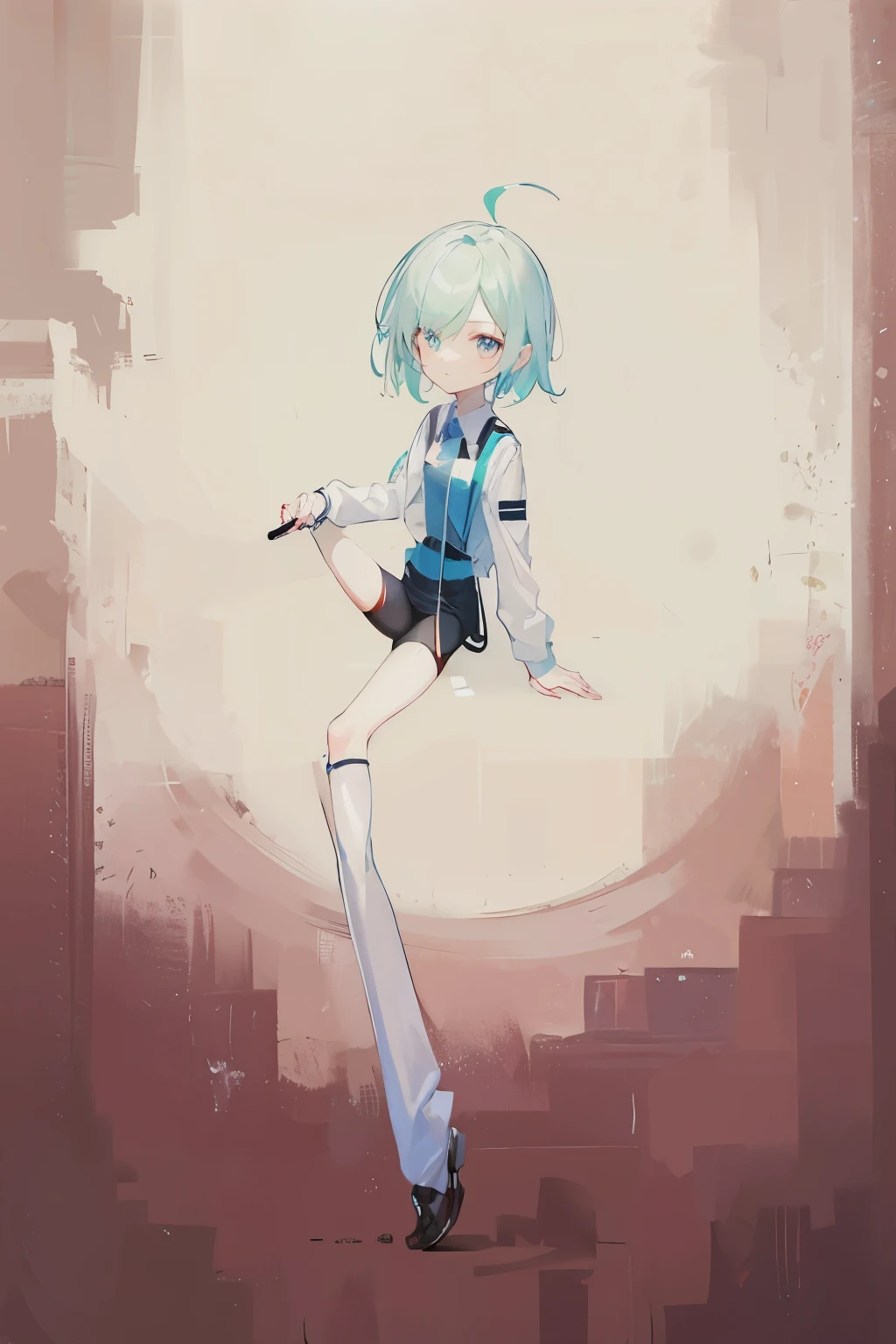 high quality,One-legged stickman girl,Uniforms,sitting at desk,holding right leg,Side bangs cover the right eye,long wide socks,small leather shoes,Suspender shorts,Leggings straps