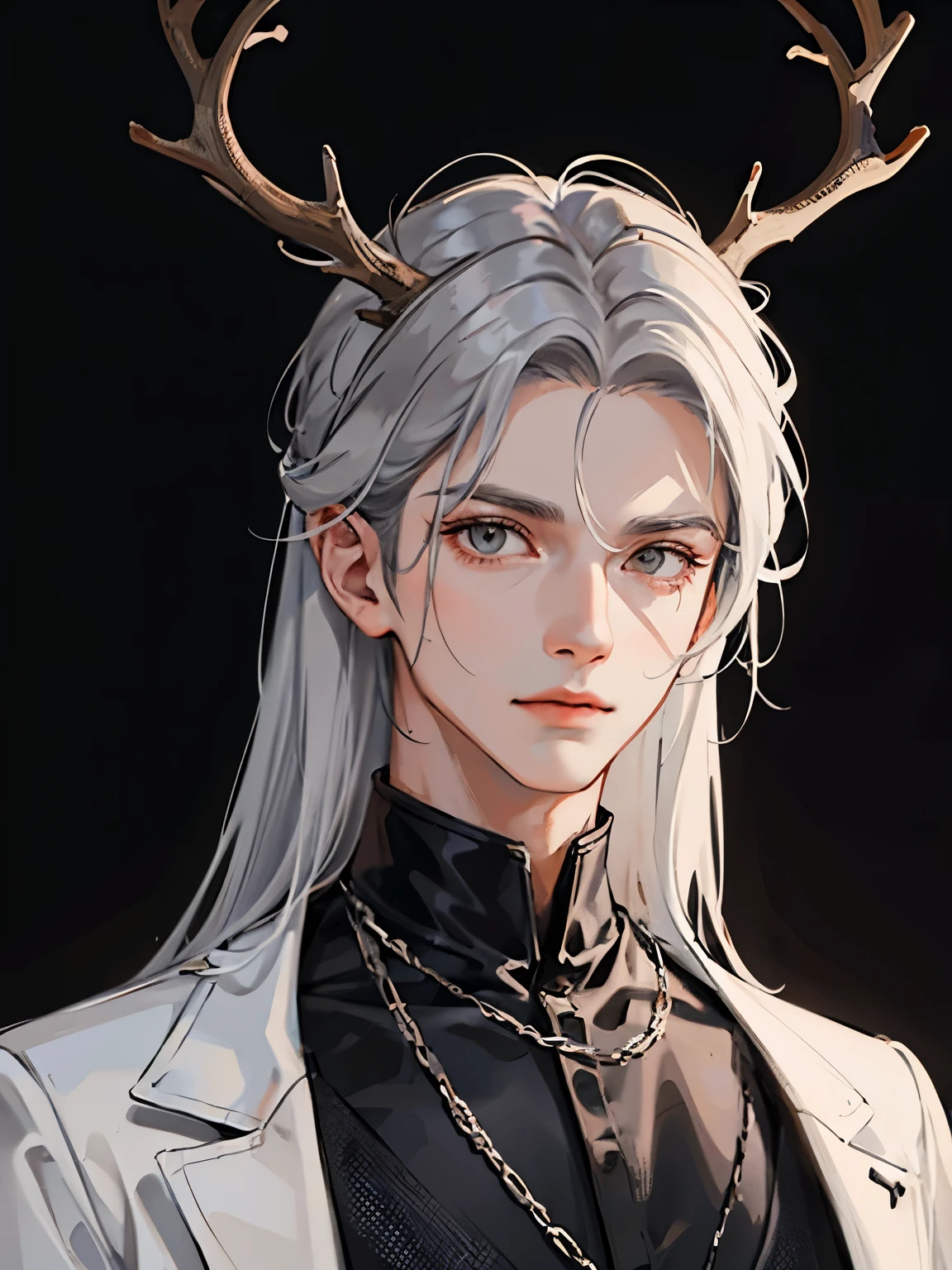 Man, Guy with Gray hair, male, standing, deer antlers, looking at viewer, digital art, masterpiece, sharp, black background, close look, no background,