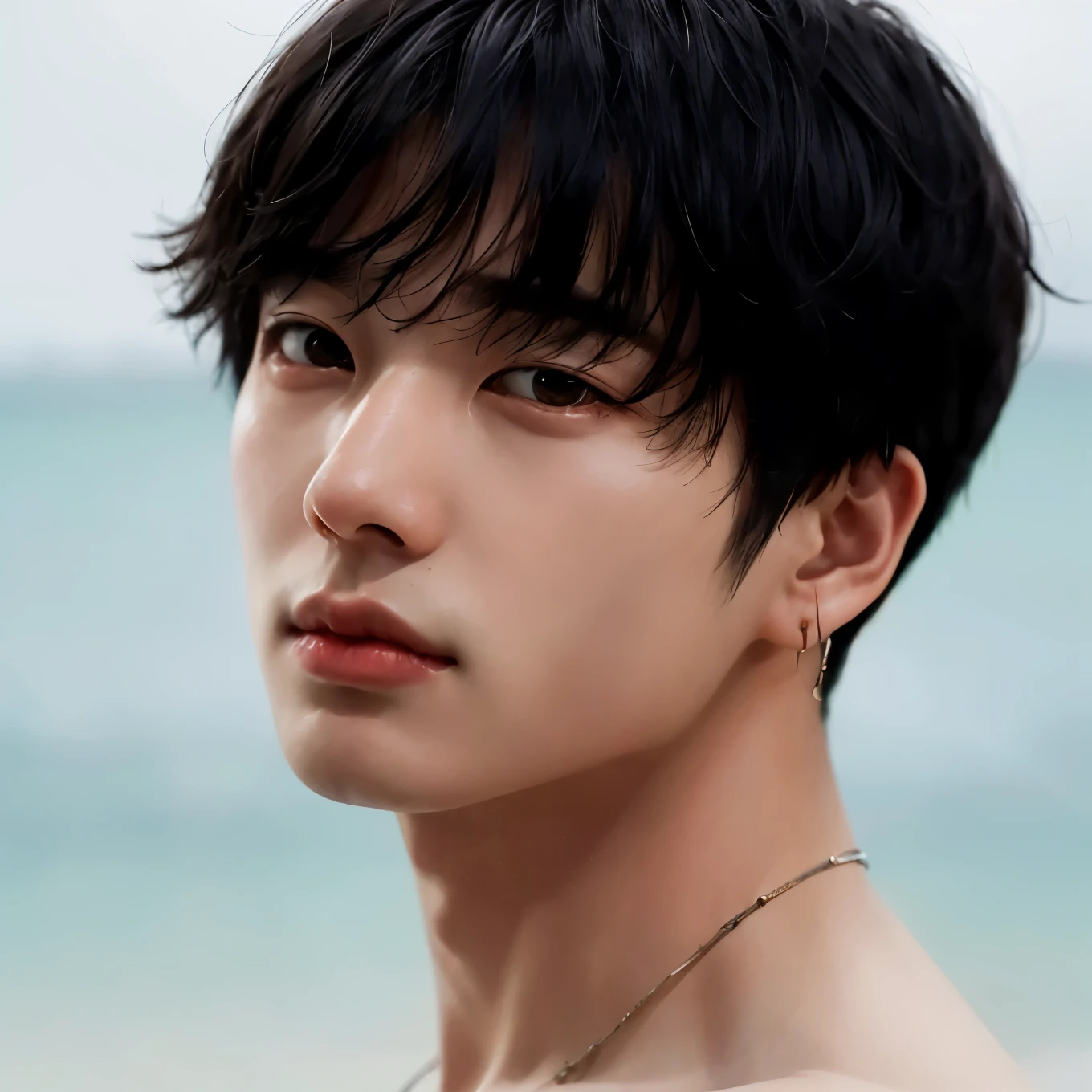 um close de uma pessoa com um colar na praia, Jungkook, hyung tae, Kim Doyoung, Jinyoung Shin, Cai Xukun, taejune kim, Yoongi de cabelo preto, hyung tae kim, Hong junho hyung, adorable and pale korean face, Sun Yunjoo, kpop idol portrait, inspirado em Kun Can, inspirado em jeonseok lee, Hyung Tae Kim