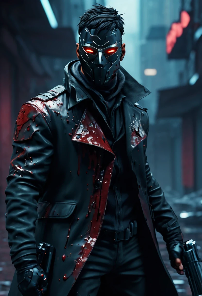 sh4g0d风格赛博朋克特工,(cape mask:1.2),(Strong dynamic stance:1.5),(struggle:1.3),(blood spatter),Strong,His face is very determined, 8k, super detailed, precise, best quality