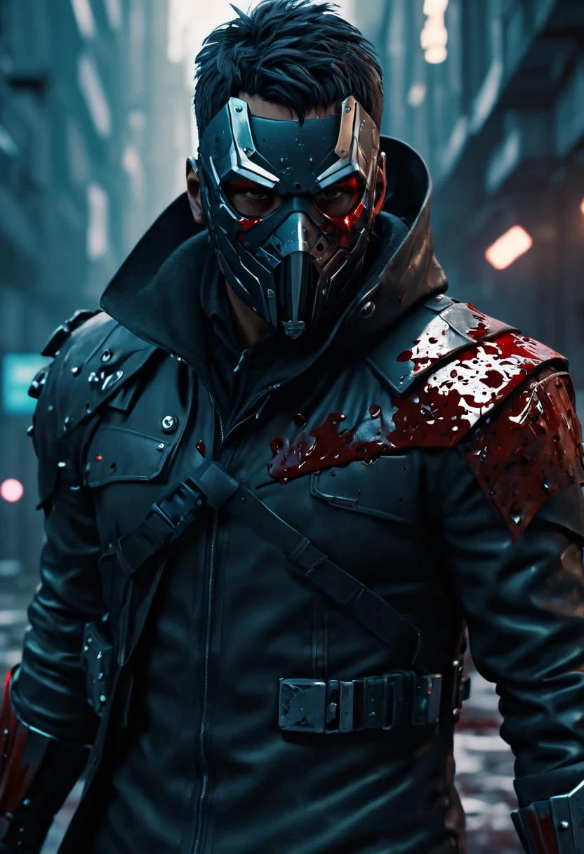 sh4g0d风格赛博朋克特工，(cape mask:1.2),(Strong dynamic stance:1.5)，(struggle:1.3)，(blood spatter)，Strong，His face is very determined， 8k, super detailed, precise, best quality