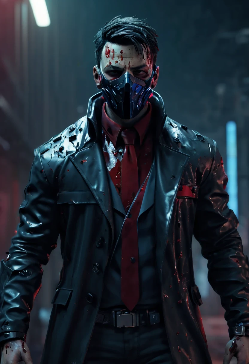 sh4g0d 风格cyberpunk特工,There is a sword on his back, wearing black suit, ，(Strong dynamic stance:1.5)，(struggle:1.3)，(blood spatter)，Strong，His face is very determined，rainy night，rainstorm，hazy atmosphere. An atmosphere full of mystery and intrigue. cyberpunk, 8k, super detailed, precise, best quality