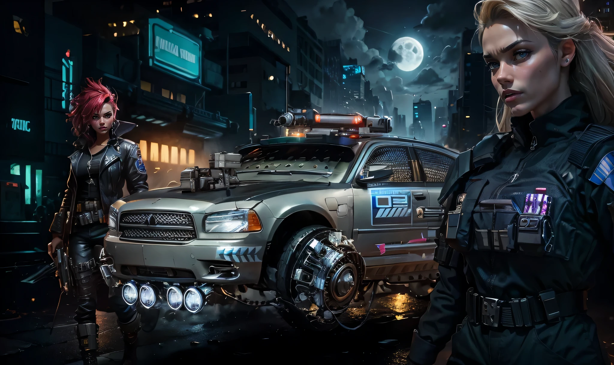 A Hover Police DODGE armed with missiles and machine guns in a dark alley on a night in the cyberpunk city of New York, a beautiful woman armed with a rifle on the left and a beautiful policewoman in a police uniform and looking at us, in the city sky there are clouds and a moon behind them with a tense climax