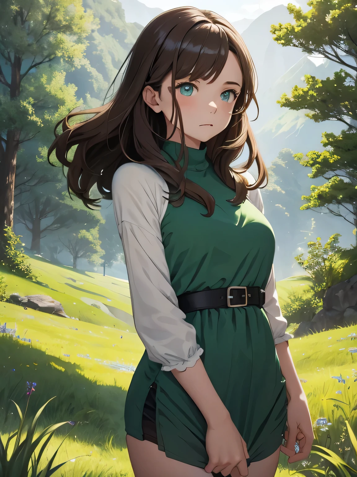 In a green meadow stands a girl with blue eyes and brown hair in a swimsuit having a picnic.
RUPTURE Avec une expression courageuse, elle les guide vers leur destination.
POUR RUPTURE Derrière elle, a green forest'extends, and beyond that, les montagnes s'rise far away.
POUR RUPTURE L'effet le plus approprié pour cette scène serait une technique de peinture à l'aquarelle pour capturer la douceur de la prairie et la fluidité du mouvement..

