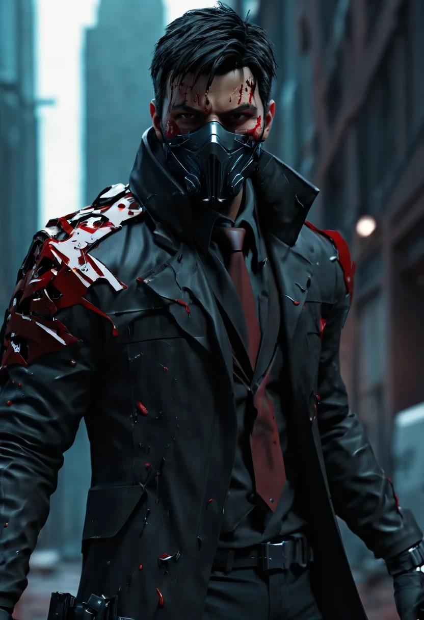 sh4g0d风格赛博朋克特工,(cape mask:1.2),(Strong dynamic stance:1.5),(struggle:1.3),(blood spatter),Strong,His face is very determined, 8k, super detailed, precise, best quality
