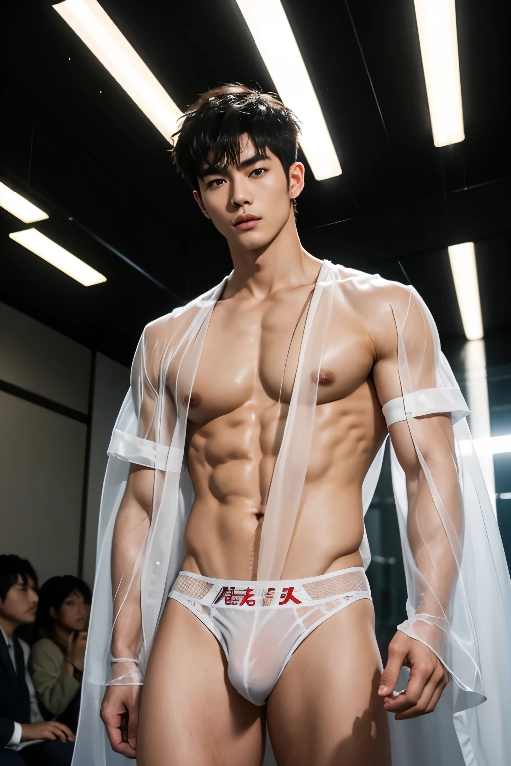 Japanese muscular male model, handsome, cool, perfect body, big muscles, short hair, white skin, wears flowing see-through clothes, wearing see-through thong, big bulge, sexy poses, catwalk, led lights, fashion show, crowded