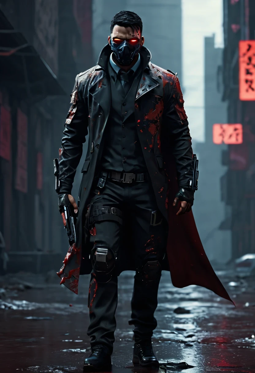 sh4g0d风格赛博朋克特工,(cape mask:1.2),(Strong dynamic stance:1.5),(struggle:1.3),(blood spatter),Strong,His face is very determined, 8k, super detailed, precise, best quality