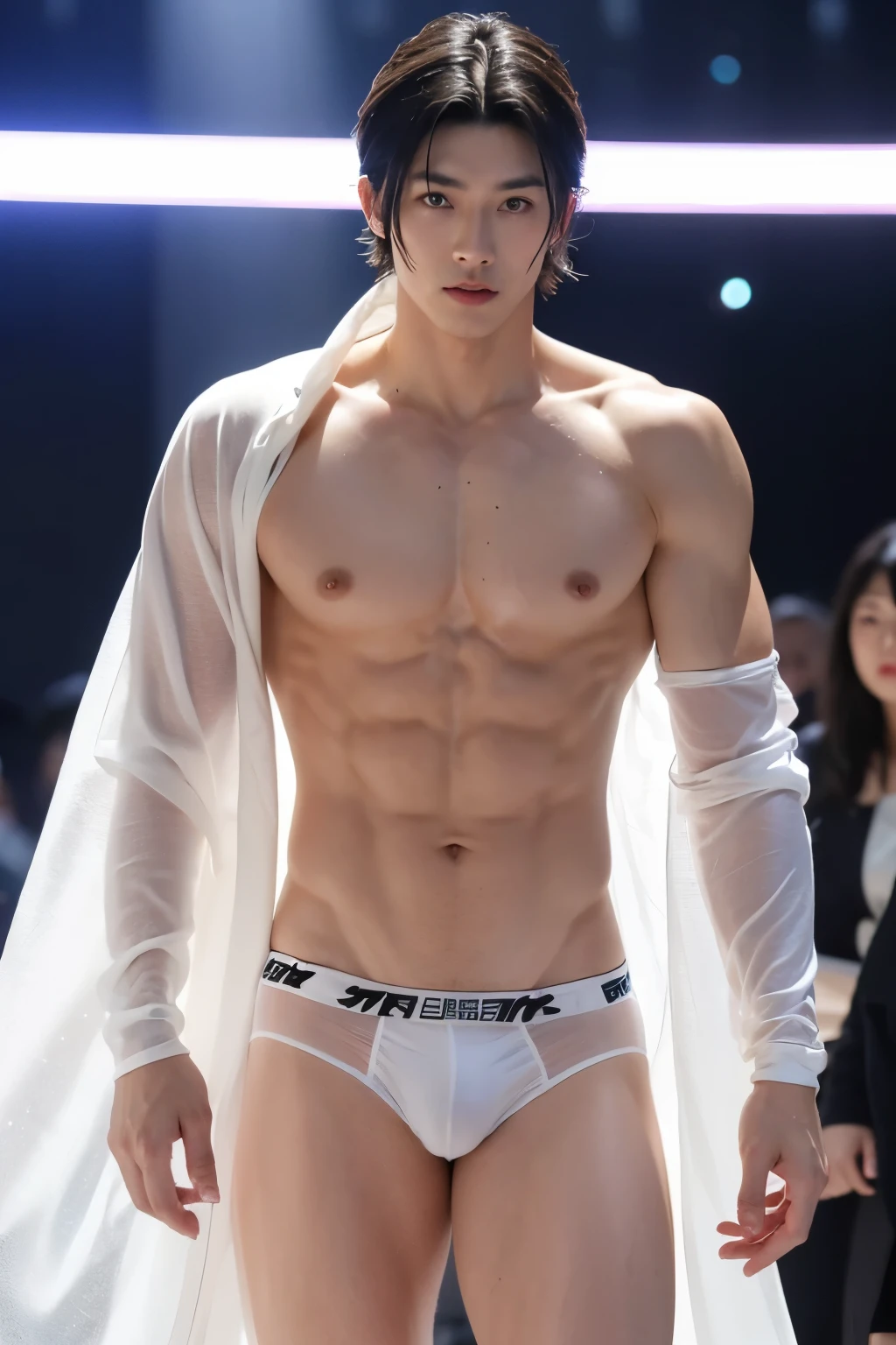 Japanese muscular male model, handsome, cool, perfect body, big muscles, short hair, white skin, wears flowing see-through clothes, wearing see-through thong, big bulge, sexy poses, catwalk, led lights, fashion show, crowded