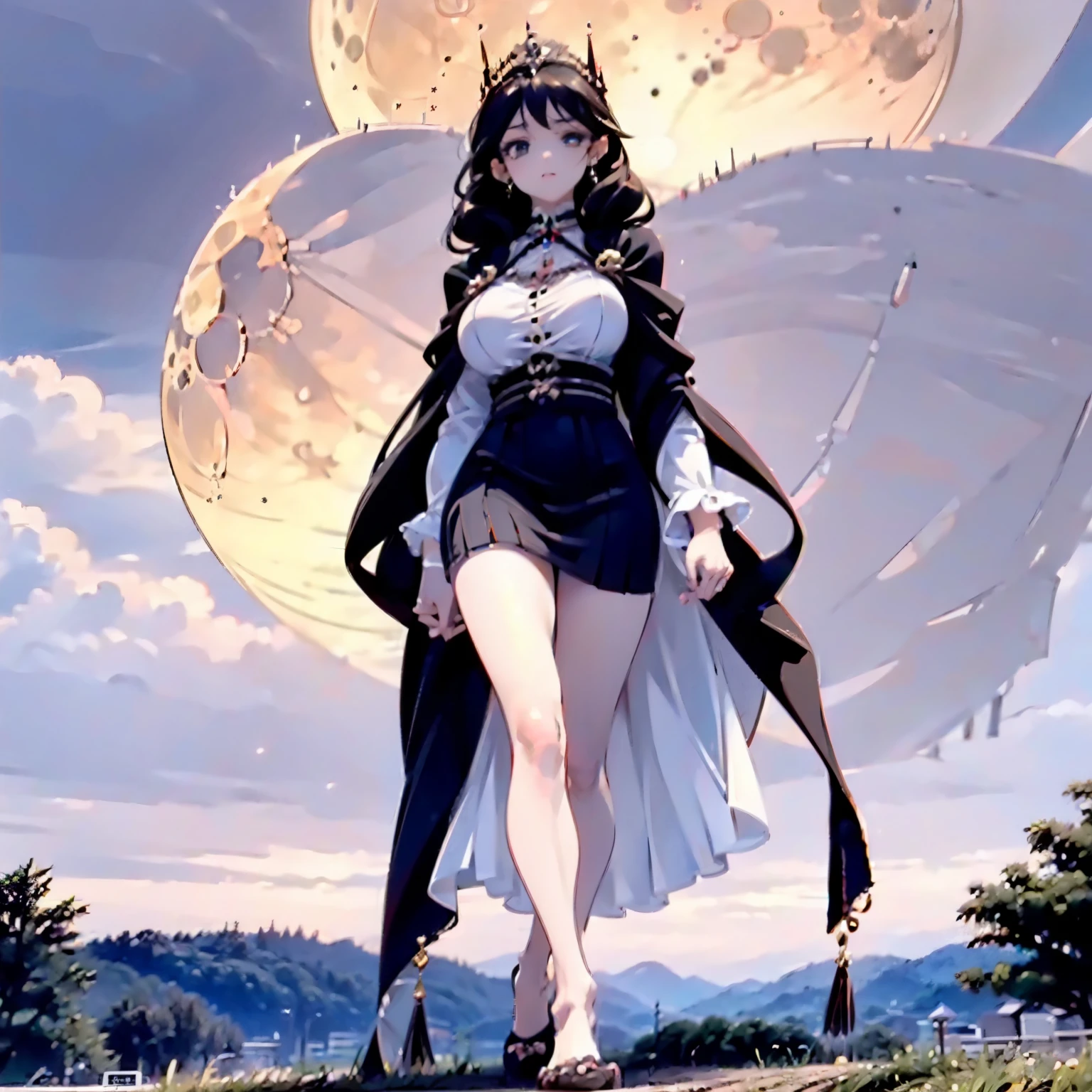 female giant,step on villain,1000 meters tall,black stockings,short skirt,White,no shoes,walk