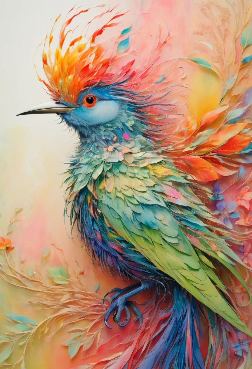 Rainbow bird drawn by Yoshitaka Amano, Ellen Jewett and Leonora Carrington:: detailed portrait, elegant, Complex and colorful mixed media:: Surrealist art masterpiece, a vibrant painting, --with 3:2