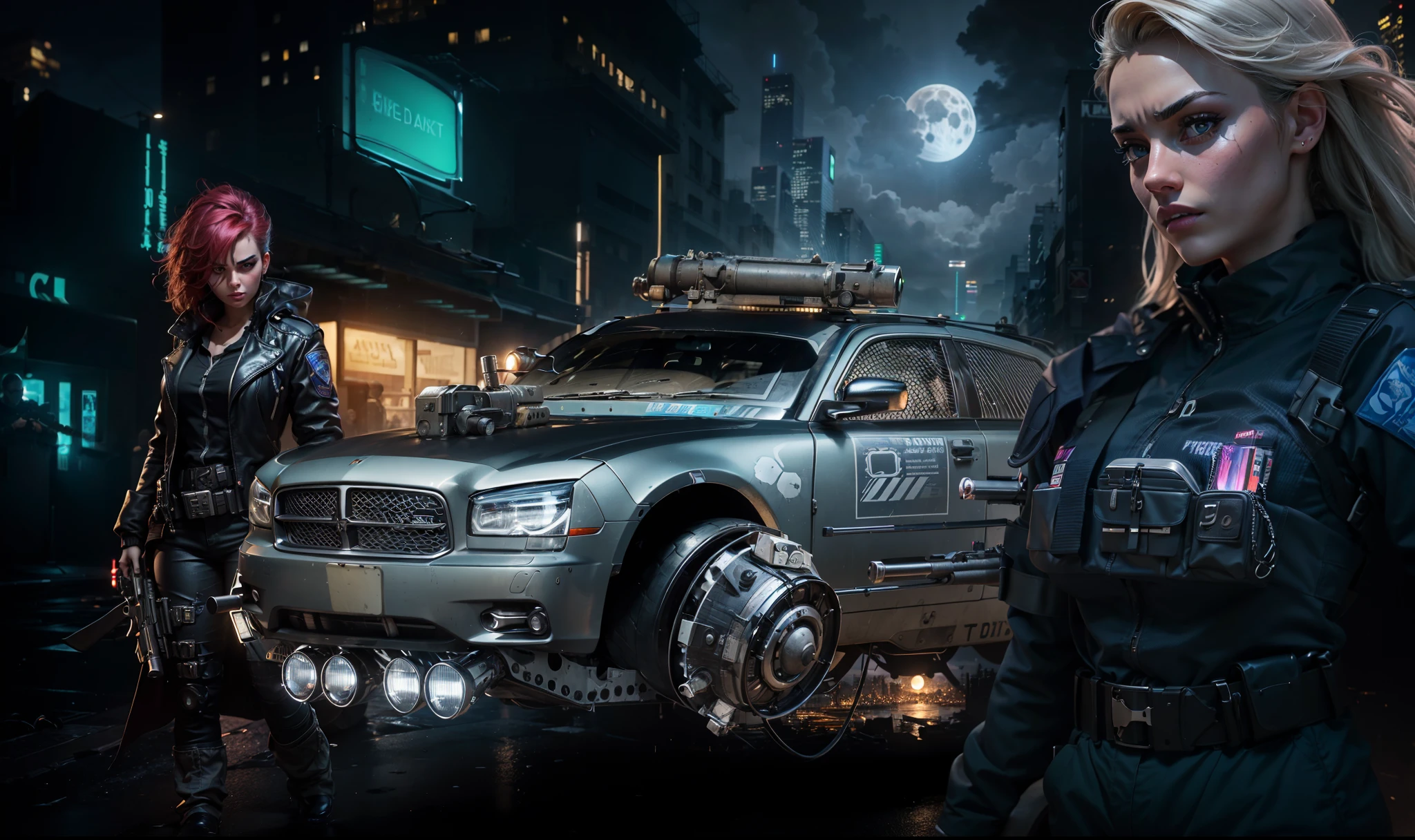 A Hover Police DODGE armed with missiles and machine guns in an dark alley in a night in New York cyberpunk city, an armed beautiful woman with a rifle in the left and a beautiful police woman with police uniform and looking to us, in the citysky there's clouds and a moon behind them with a tense climax