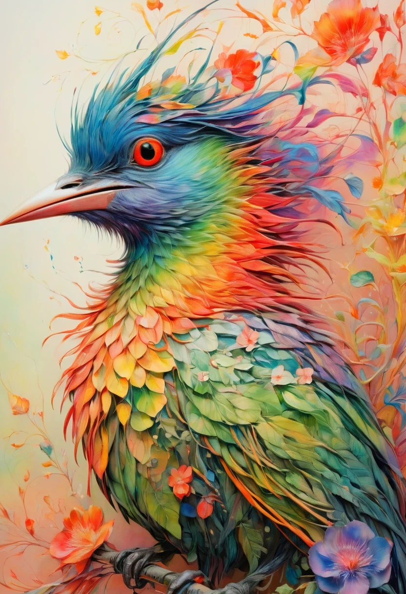 Rainbow bird drawn by Yoshitaka Amano, Ellen Jewett and Leonora Carrington:: detailed portrait, elegant, Complex and colorful mixed media:: Surrealist art masterpiece, a vibrant painting, --with 3:2