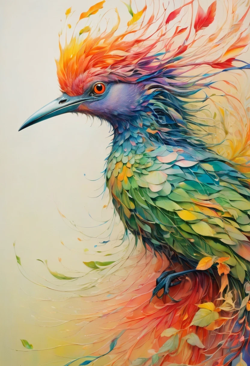 Rainbow bird drawn by Yoshitaka Amano, Ellen Jewett and Leonora Carrington:: detailed portrait, elegant, Complex and colorful mixed media:: Surrealist art masterpiece, a vibrant painting, --with 3:2