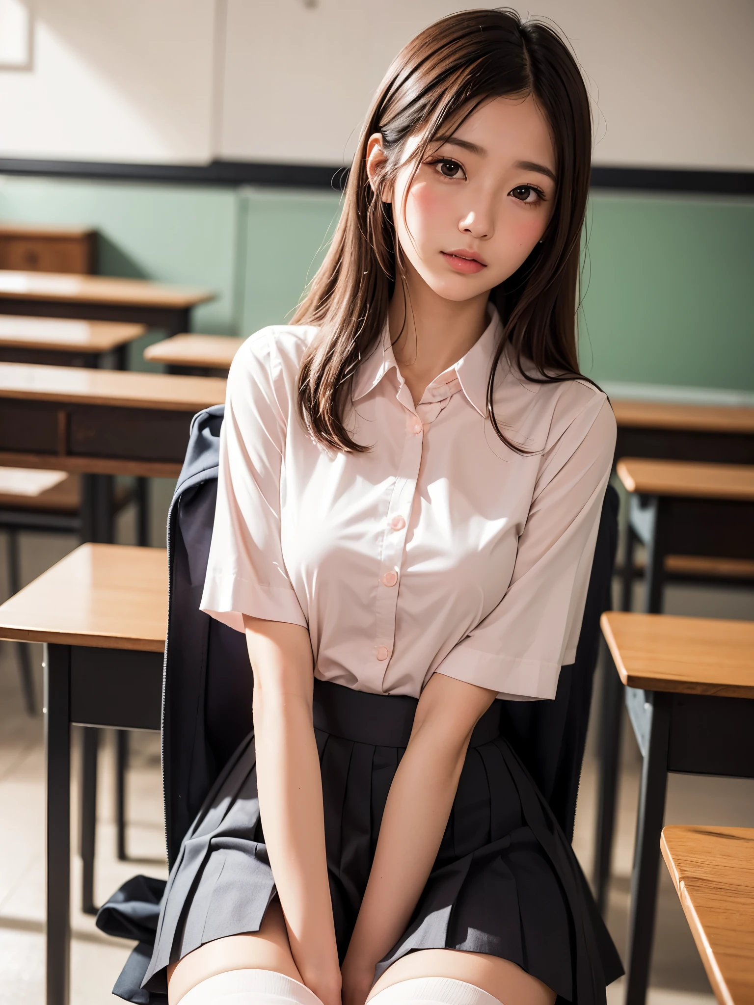 (Professional portraits, realistic and perfectly shaped subjects:1.3), (masterpiece, best quality:1.2), (Realistic, hyper realistic, photorealistic:1.3), ultra highres, intricate details, ultra detailed, (extremely detailed CG, unity 8k wallpaper:1.3), distinct image,
BREAK
(1 Japanese girl, 18 years old), (cute, kawaii), (perfect anatomy, correct limb:1.2), Detailed beautiful delicate face, Detailed beautiful delicate eyes and eye highlights, (Very thin and delicate eyelashes that are not too long), (alluring eyes, finely detailed beautiful blown big eyes and detailed face), natural makeup, pink lip, lip gross, stylish face, (lustrous skin, realistic detailed skin), (brown hair:1.2), medium breast, 
BREAK
(school uniform), jk, high school girl、white blouse, check pleated skirt, black knee socks, loafers,
BREAK
classroom, sitting on chair
BREAK
((blush:1.4)), ((embarrassed:1.4)), (((shy:1.4))), 
BREAK
looking at viewer, 