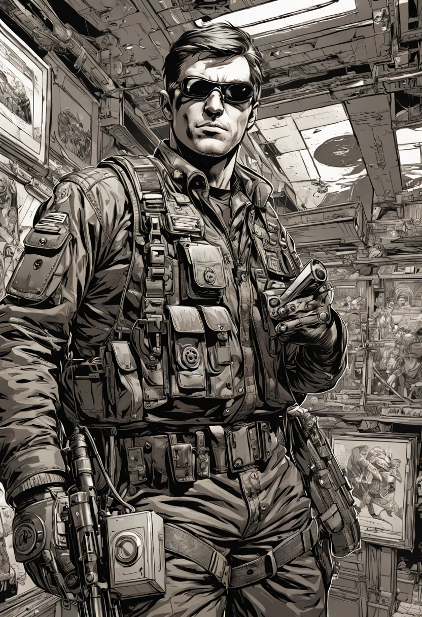 Type of Image comic book cover, Subject Description a Secret Agent with gadgets visible on a tactical belt, sneaking through a laser security system in a museum with ancient artifacts, Art Styles bold ink outlines with cell shading, Art Inspirations from Marvel Comics and DC Comics, Camera 800mm, Shot extreme close-up of the agent's focused eyes with reflection of the lasers, Render Related Information high resolution with dynamic action lines and color splash effects