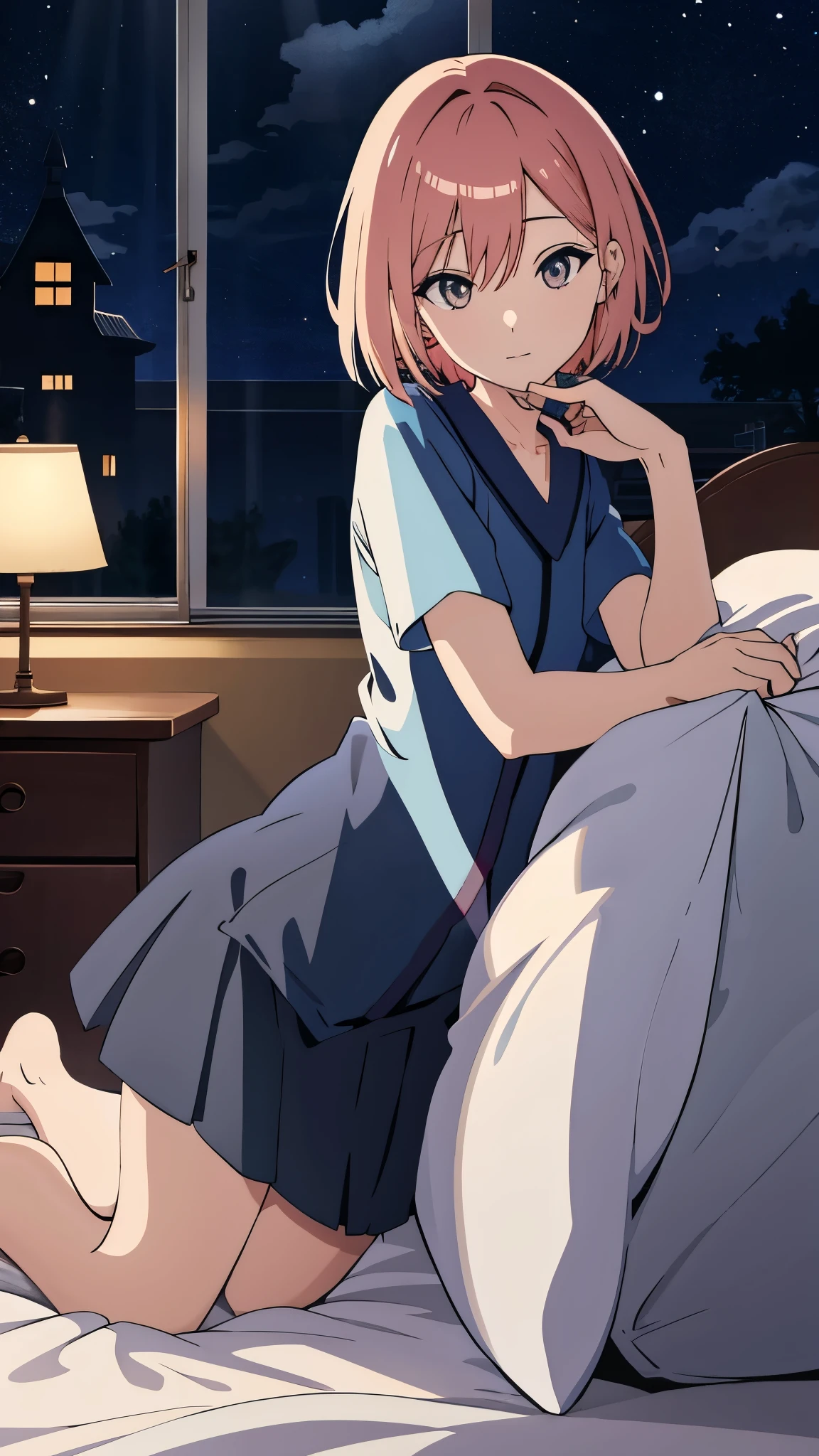 scene view,Sky,anime style,on the bed, house light ,night,, headrest, strong angle, Curtsy,