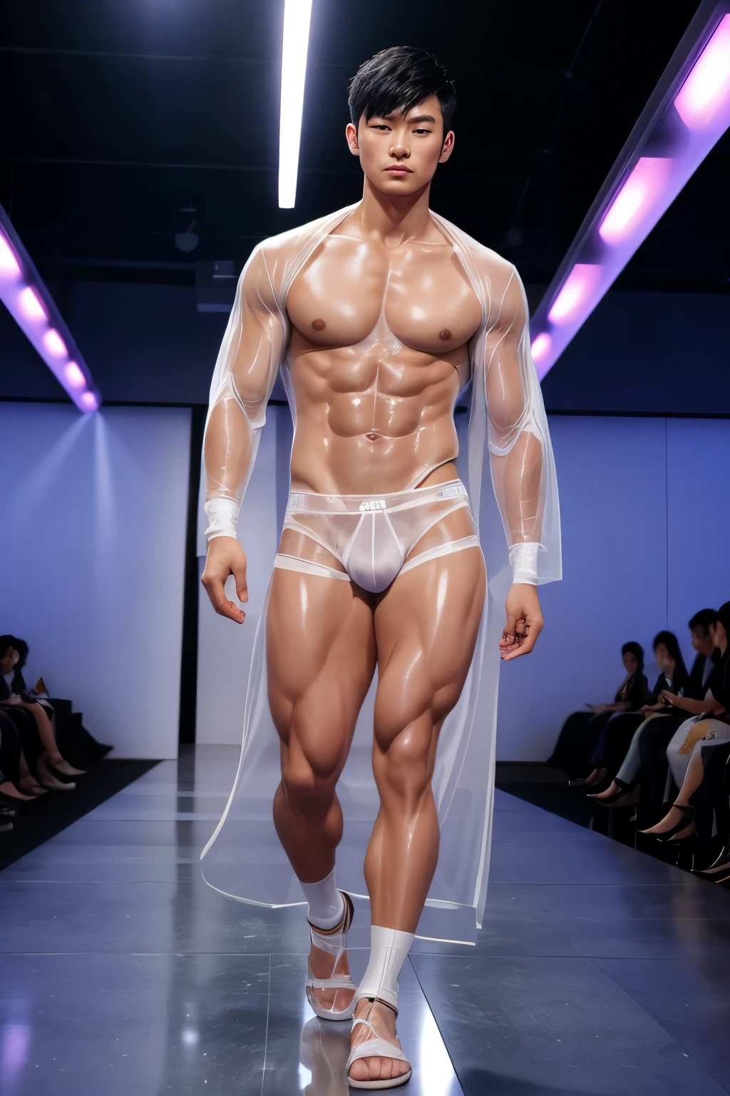 Japanese muscular male model, handsome, cool, perfect body, big muscles, short hair, white skin, wears flowing see-through clothes, wearing see-through thong, big bulge, sexy poses, catwalk, led lights, fashion show, crowded
