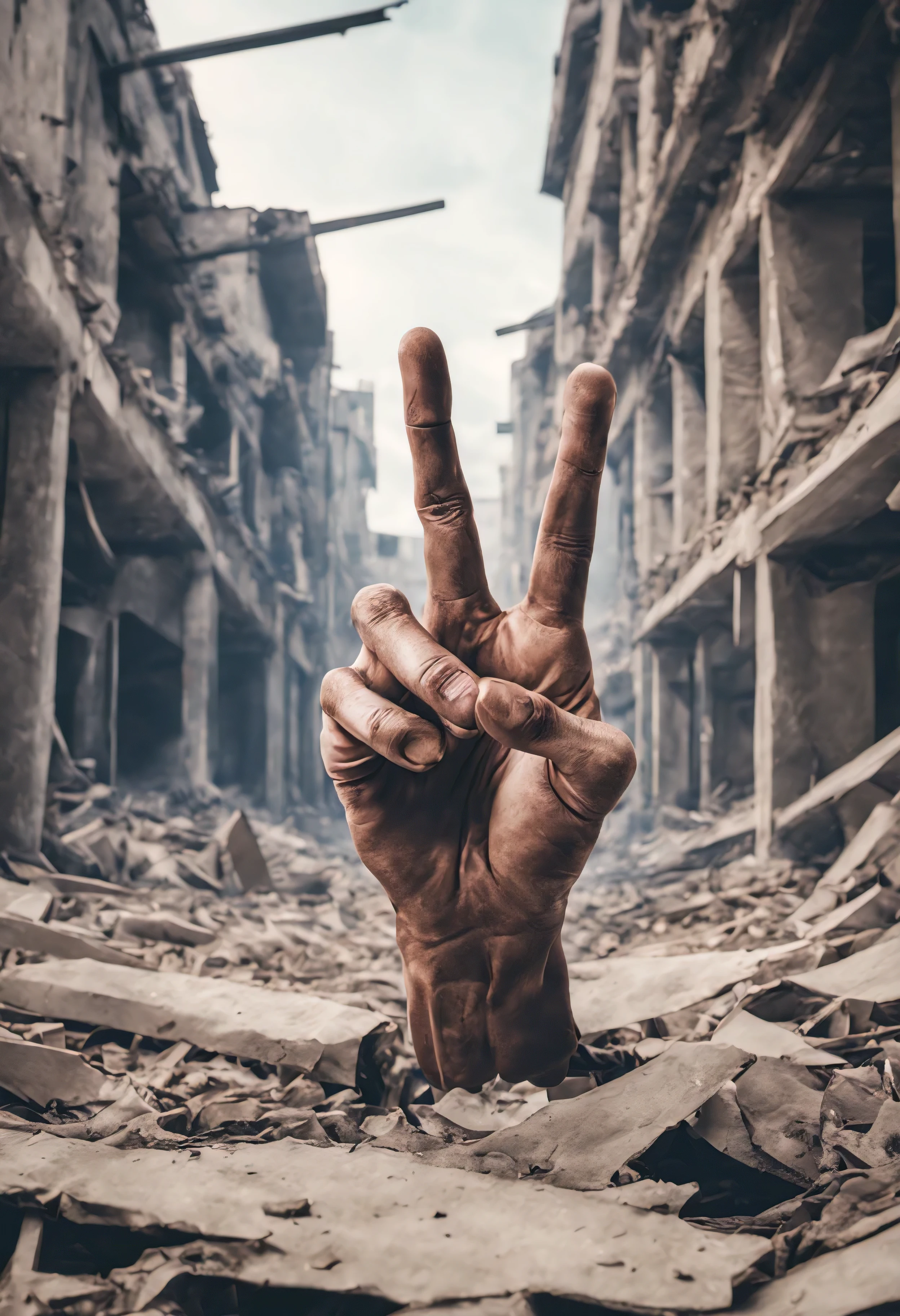 in a destroyed background there is an arm of a human being lying on the ground without the rest of the body the arm is showing the middle finger the art style is aggressive surreal 