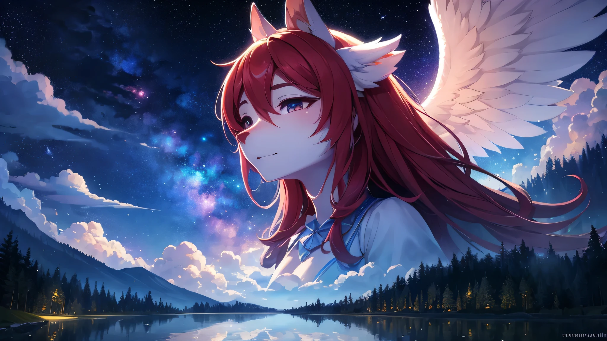 1 girl, （hairy）Eye, close up, beautiful night sky, meteor shower, Beyond the clouds, Surrounded by water, reflection, wide angle天使, stunning clouds, wide angle, author：Xin Haicheng, Thomas Kincaid, James Gillard, by holosomnialandscape, high dynamic range, Volumetric lighting, Ray tracing, an intricate, high detail, Very detailed, deviation, 4k vertical screen wallpaper,, colorful, airy, nature wallpaper