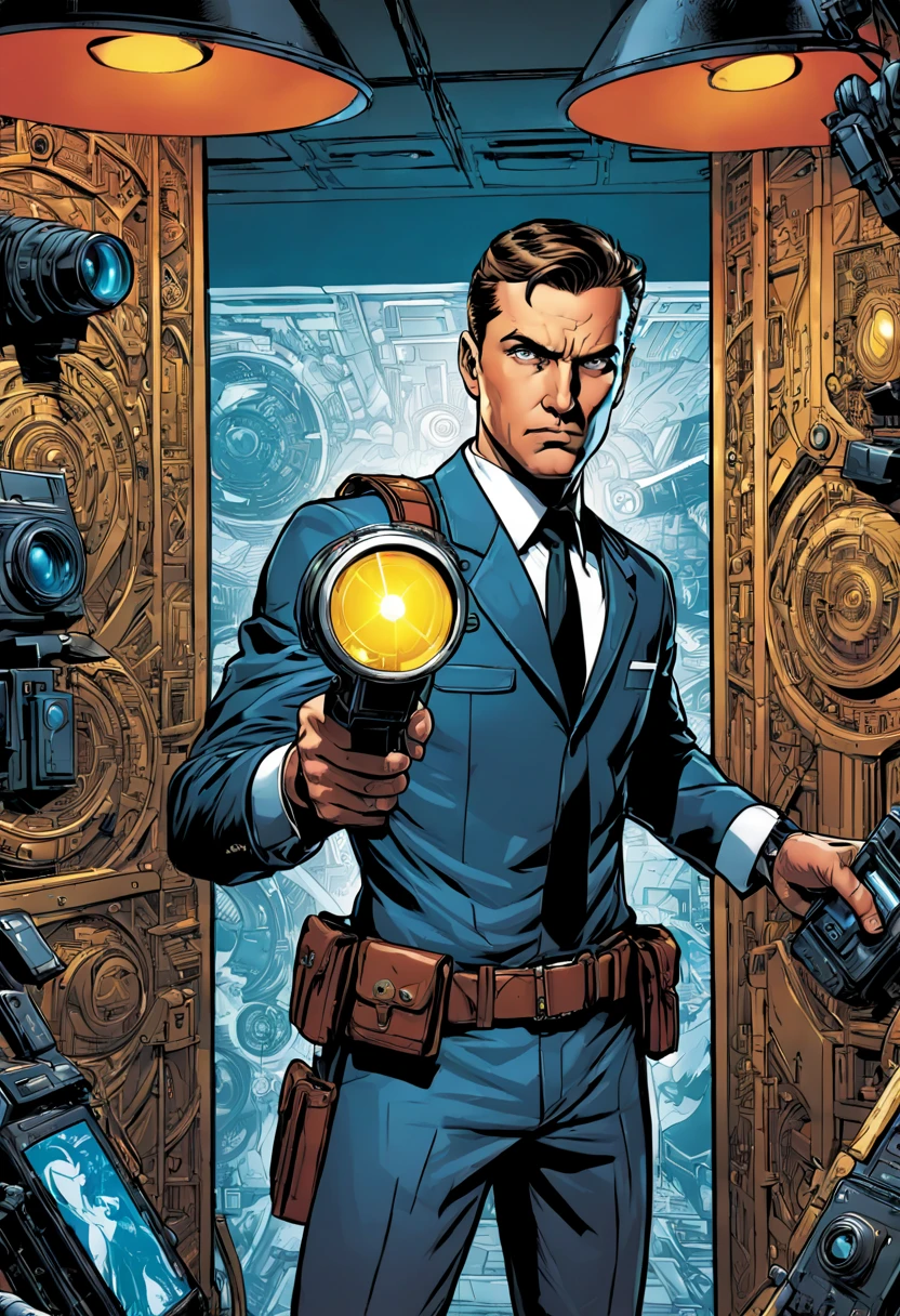 Type of Image comic book cover, Subject Description a Secret Agent with gadgets visible on a tactical belt, sneaking through a laser security system in a museum with ancient artifacts, Art Styles bold ink outlines with cell shading, Art Inspirations from Marvel Comics and DC Comics, Camera 800mm, Shot extreme close-up of the agent's focused eyes with reflection of the lasers, Render Related Information high resolution with dynamic action lines and color splash effects