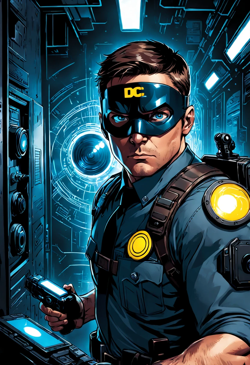 Type of Image comic book cover, Subject Description a Secret Agent with gadgets visible on a tactical belt, sneaking through a laser security system in a museum with ancient artifacts, Art Styles bold ink outlines with cell shading, Art Inspirations from Marvel Comics and DC Comics, Camera 800mm, Shot extreme close-up of the agent's focused eyes with reflection of the lasers, Render Related Information high resolution with dynamic action lines and color splash effects